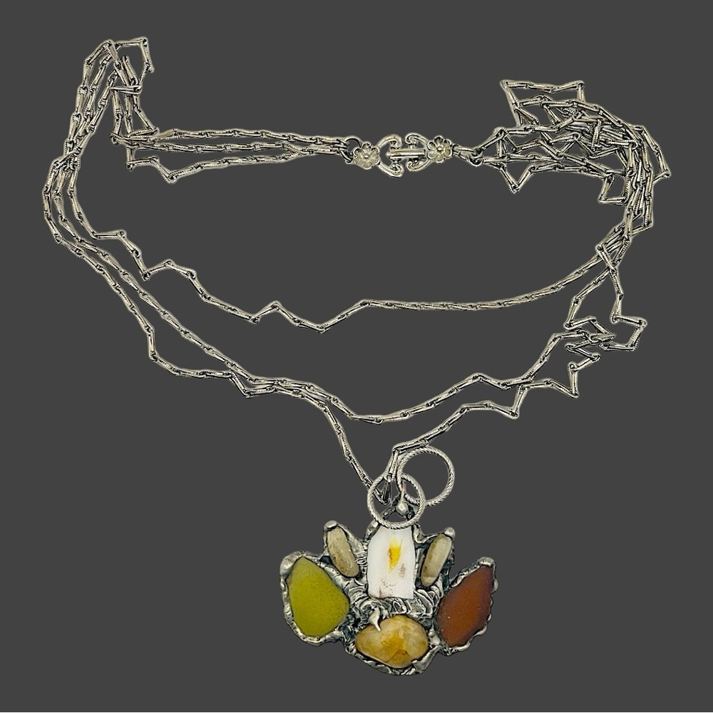 Citrine Sea Glass & China Pendant Silver Blend Metalwork & VNTG 3 Tier Necklace - Picture 8 of 11